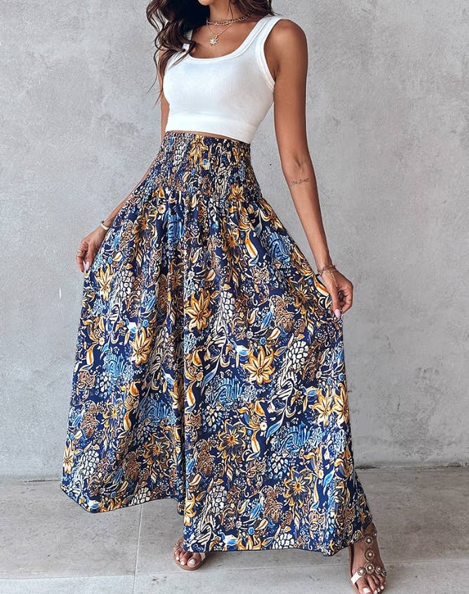 Tropical print retro floral print wide leg pants