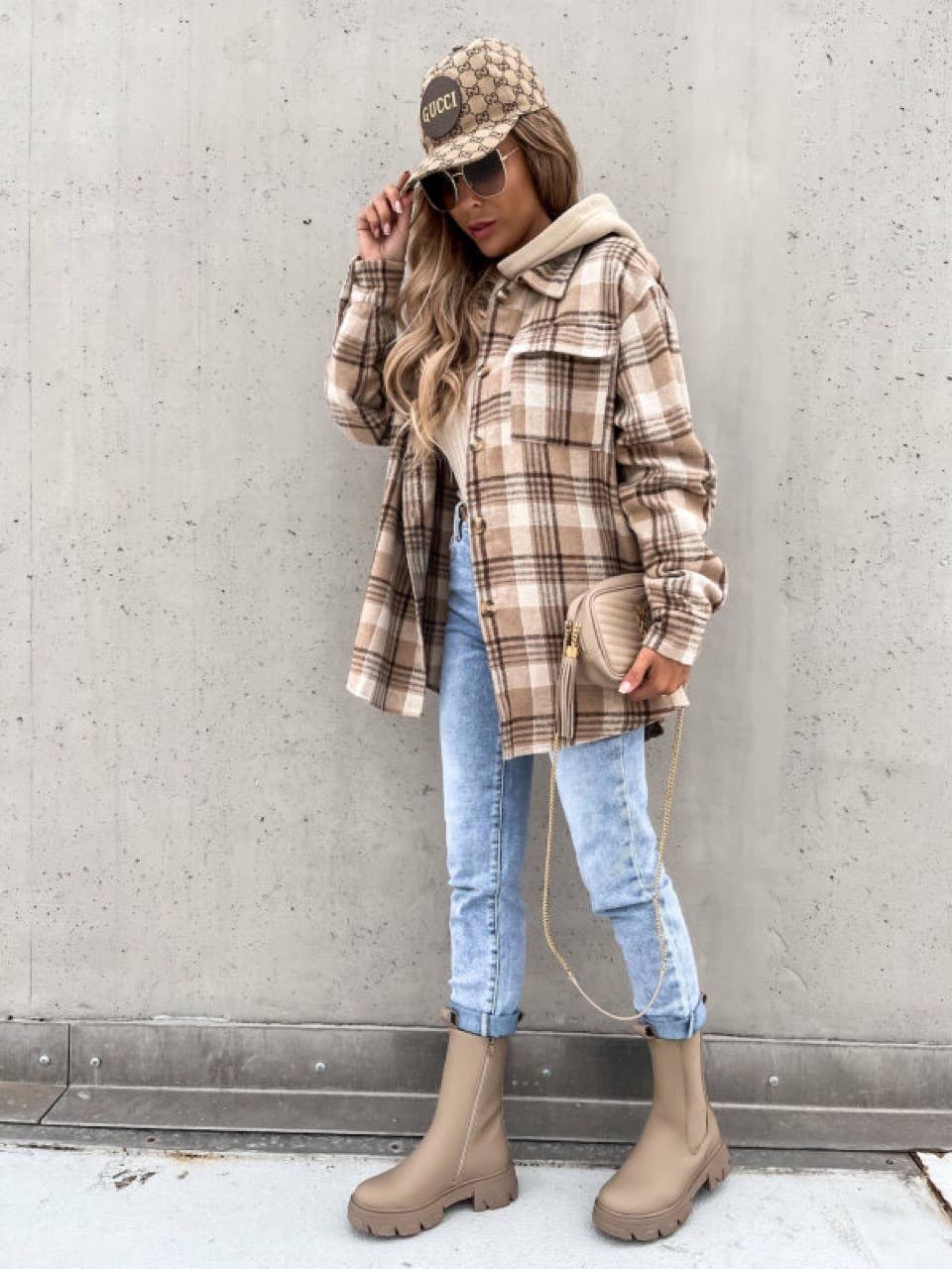 LAPEL LOOSE HOODED (REMOVABLE) PLAID WOOLEN COAT