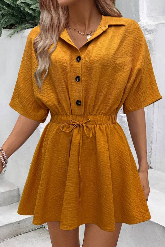 CWDSD7415_SOLID COLOR SHIRT COLLAR DRAWSTRING DRESS