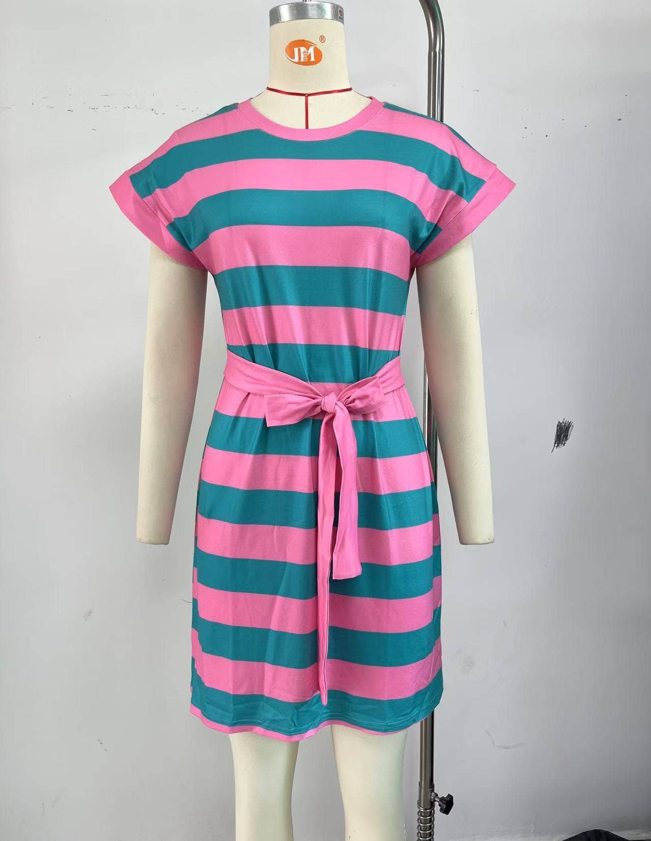 Round neck short sleeve lace-up striped dress