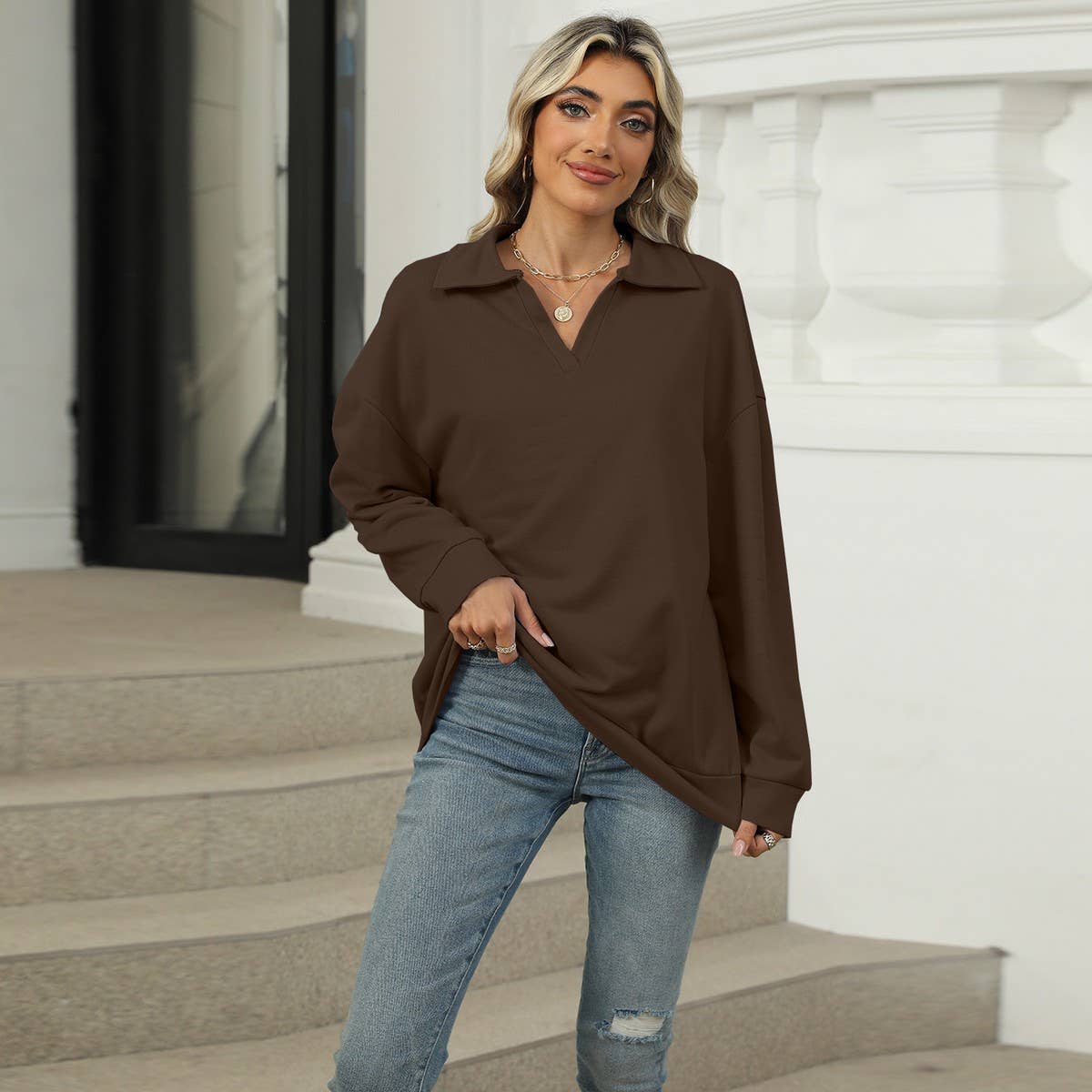 Solid color lapel baggy long-sleeved hoodie