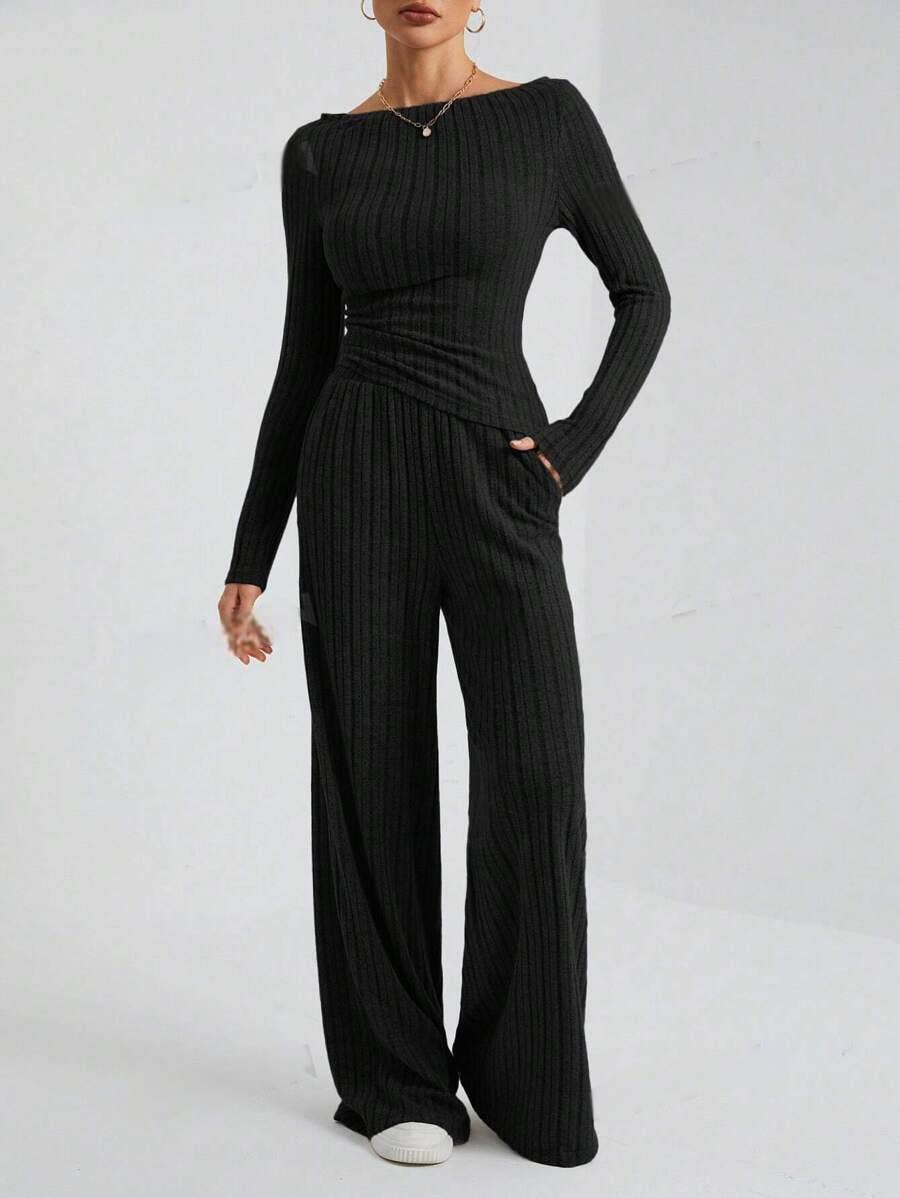 Solid-color high-neck knitted long-sleeved suit