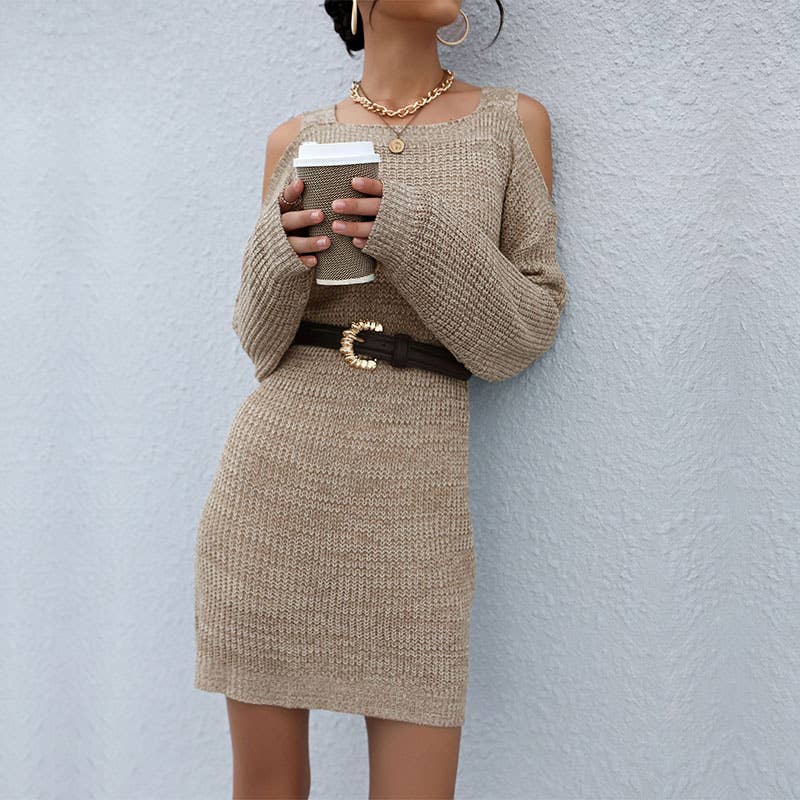 LINE-NECK LONG SLEEVE HOLLOW-OUT SWEATER DRESS