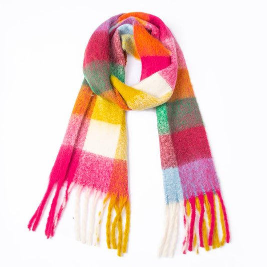 Chunky Plaid Mohair-Look Scarf with Fringes
