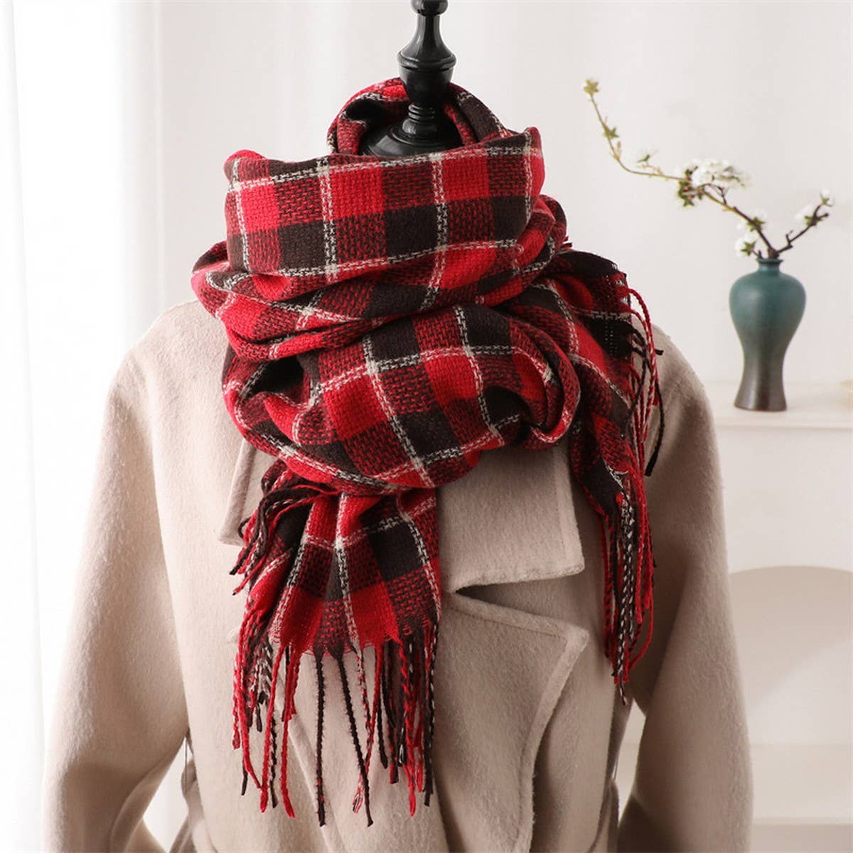 Plaid Faux Cashmere Scarf ??Cozy Long Fringe Wrap_CWASC1442