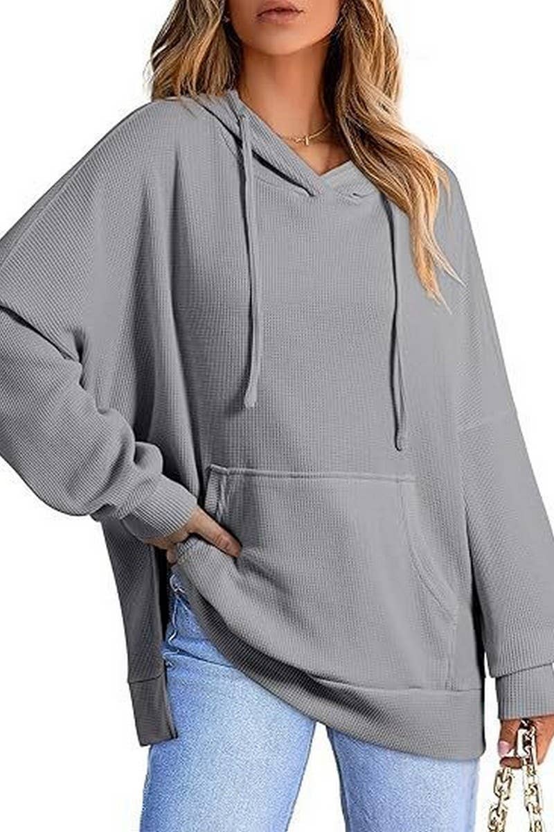 CWOHOL00633_RELAXED WAFFLE KNIT SIDE SLIT HOODED PULLOVER