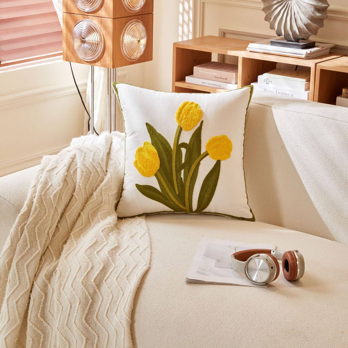 Pink Tulip Embroidered Sofa Pillow Cover_CWMM7706