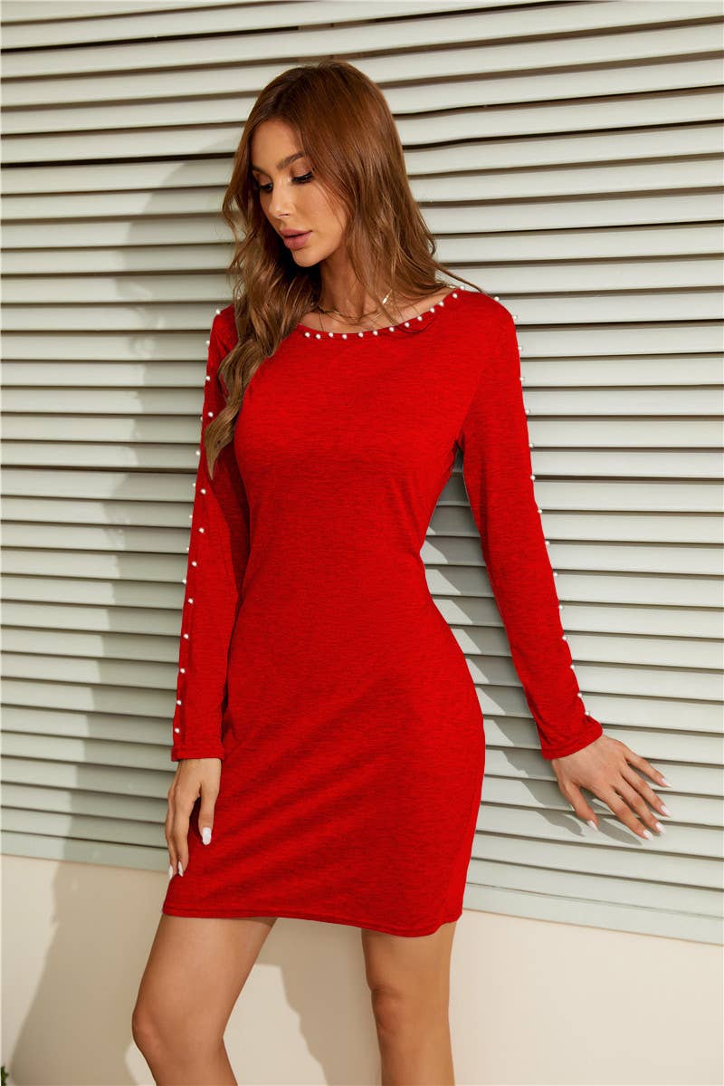 A-LINE LONG-SLEEVED BEADED SHORT BAG HIP DRESS
