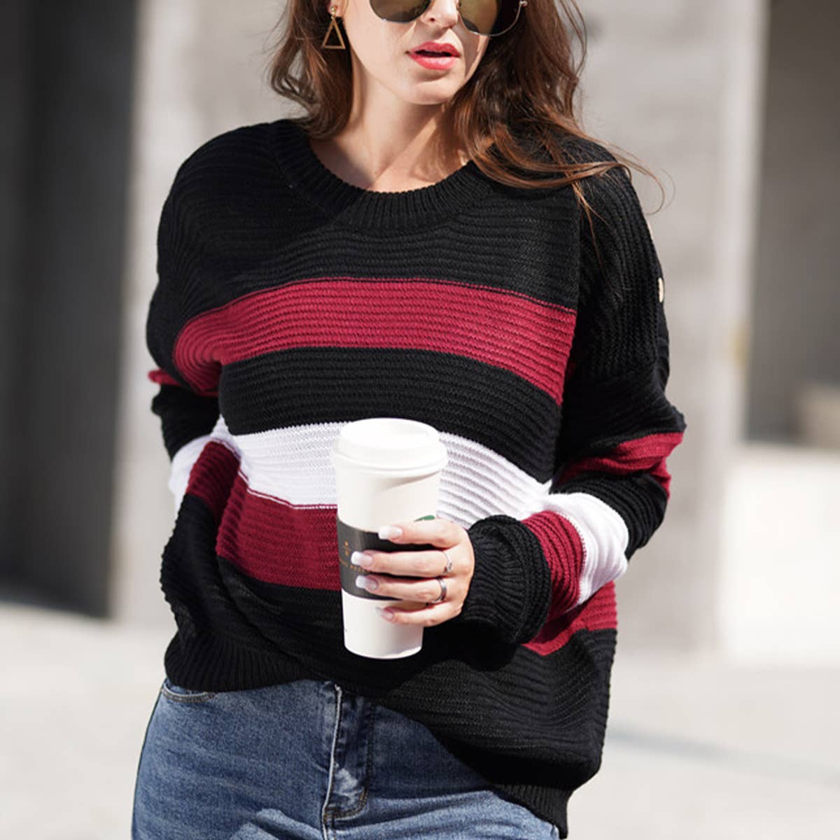 INTERCOLOR PATCHWORK PULLOVER LOOSE SWEATER
