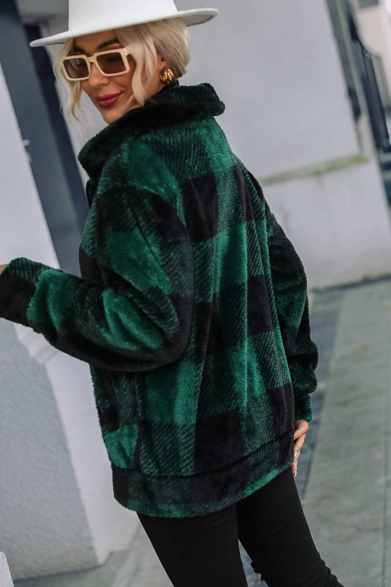 WOMEN LOOSE FIT OVERSIZED PLAID FLEECE JACKET_CWOJA0634