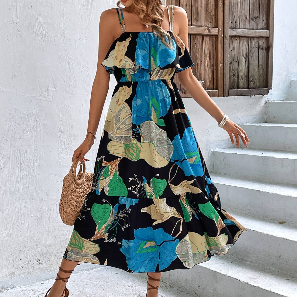 Printed high-waisted ear-edge strapless dress