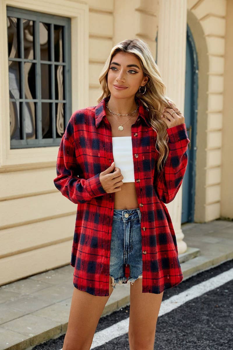 CWOBL0186_FLIP COLLAR VINTAGE CROCHET CHECKERED SHIRT