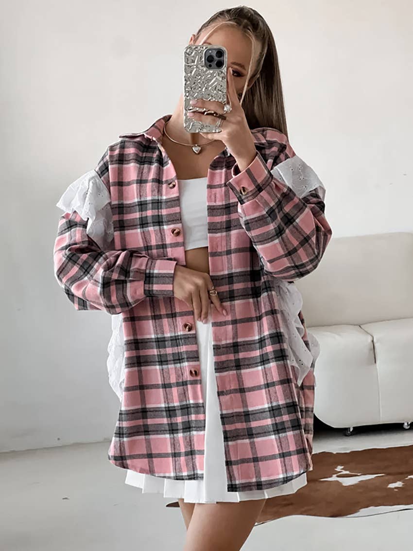 RUFFLED PATCHWORK BAGGY PLAID THICKENED SHIRT