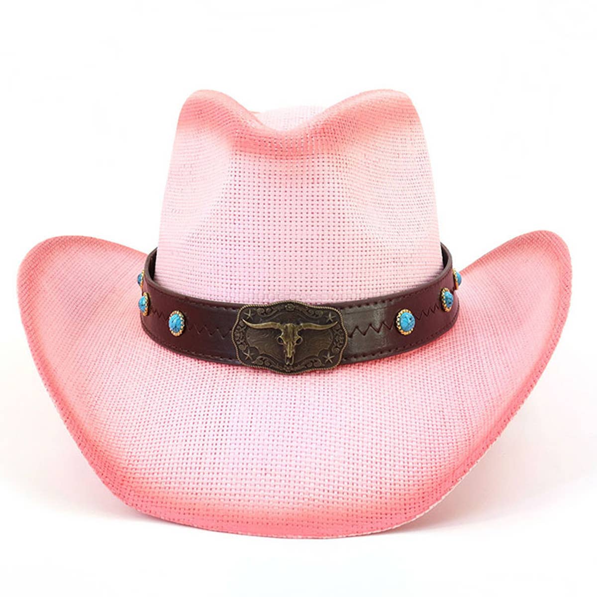 Western Straw Cowboy Hat with Bull Head,Turquoise_CWAH0684