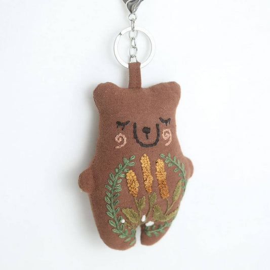 Hand-Embroidered Wheat Flower Bear Plush Charm