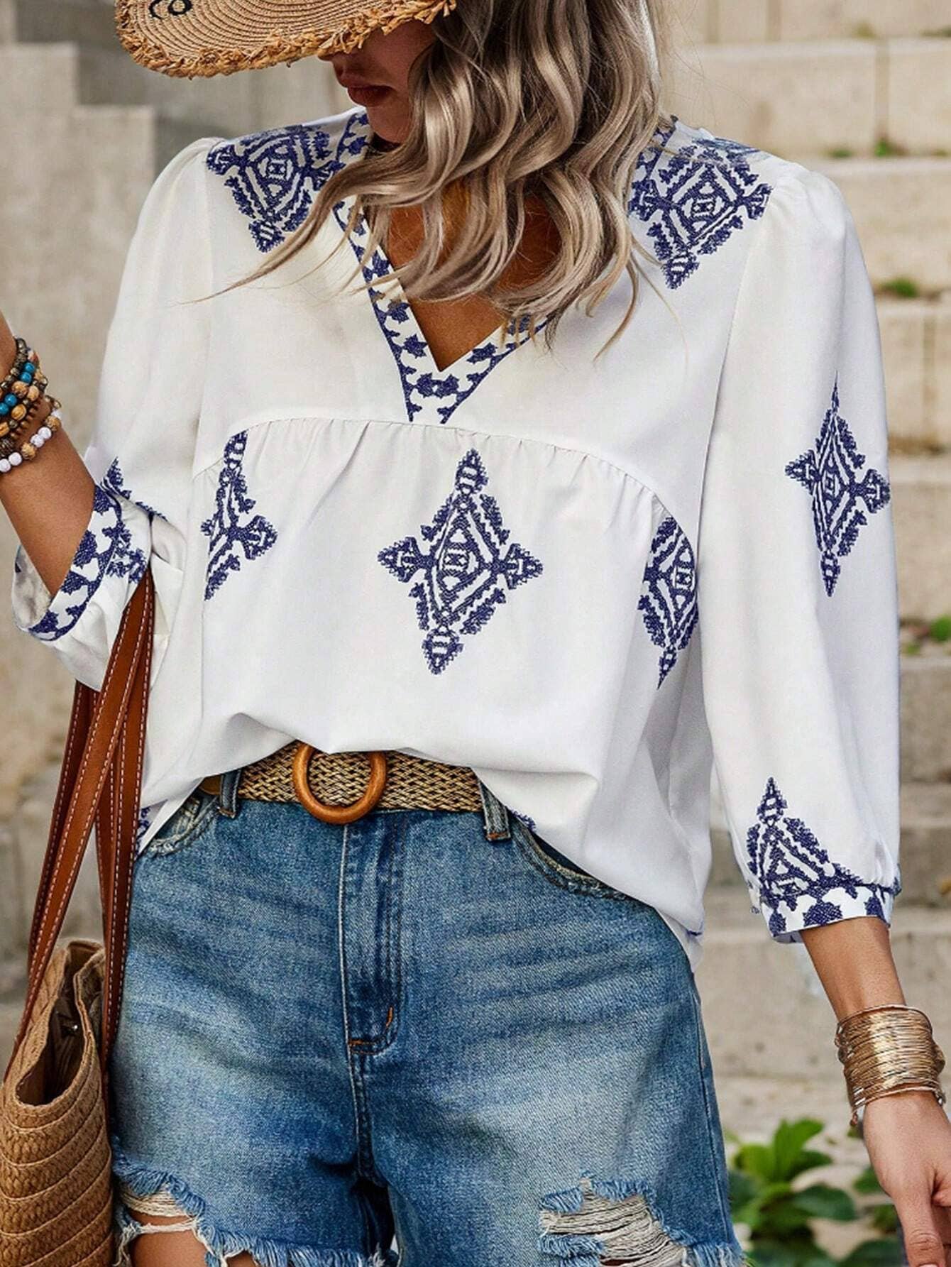 Stylish printed bag seven-point sleeve V-neck top