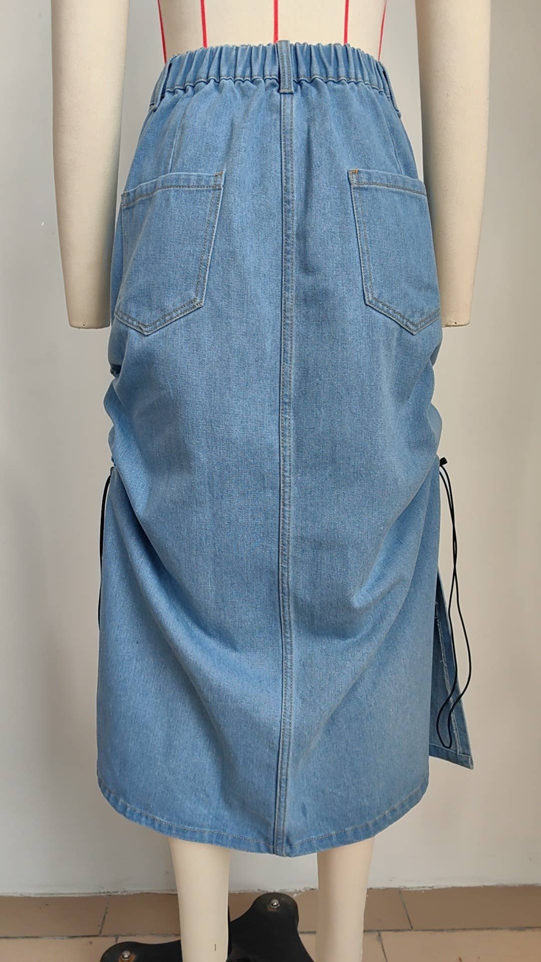 ELASTIC-WAISTED DRAWSTRING DENIM SKIRT