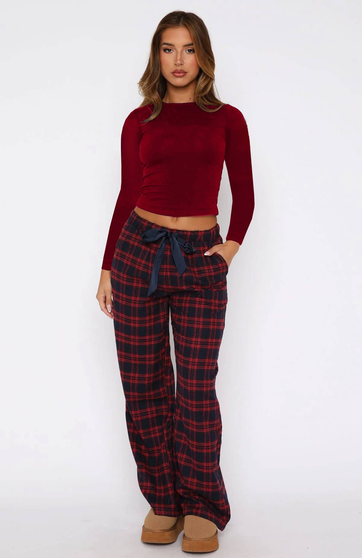 Fashion drawstring checkered straight-leg pants
