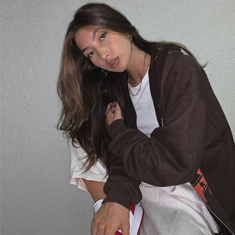 VINTAGE SOLID BROWN LONG-SLEEVED ZIPPER HOODIE