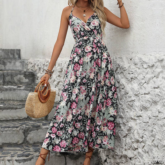 Play backless print high waist halter dress