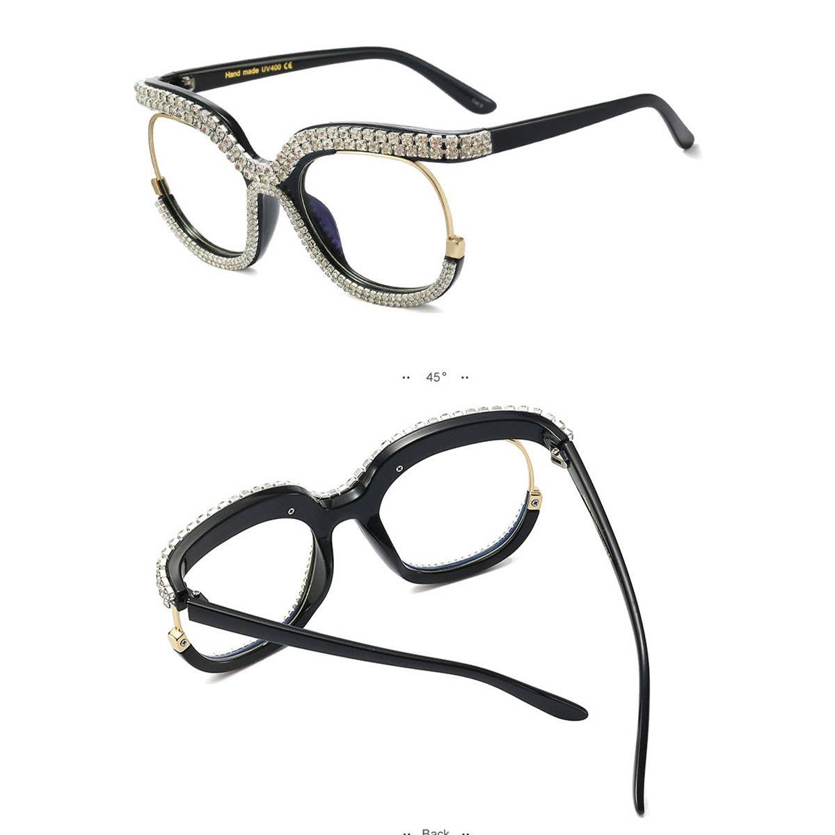 HALF FRAME RHINESTONE PLAIN MIRROR DIAMOND GLASSES