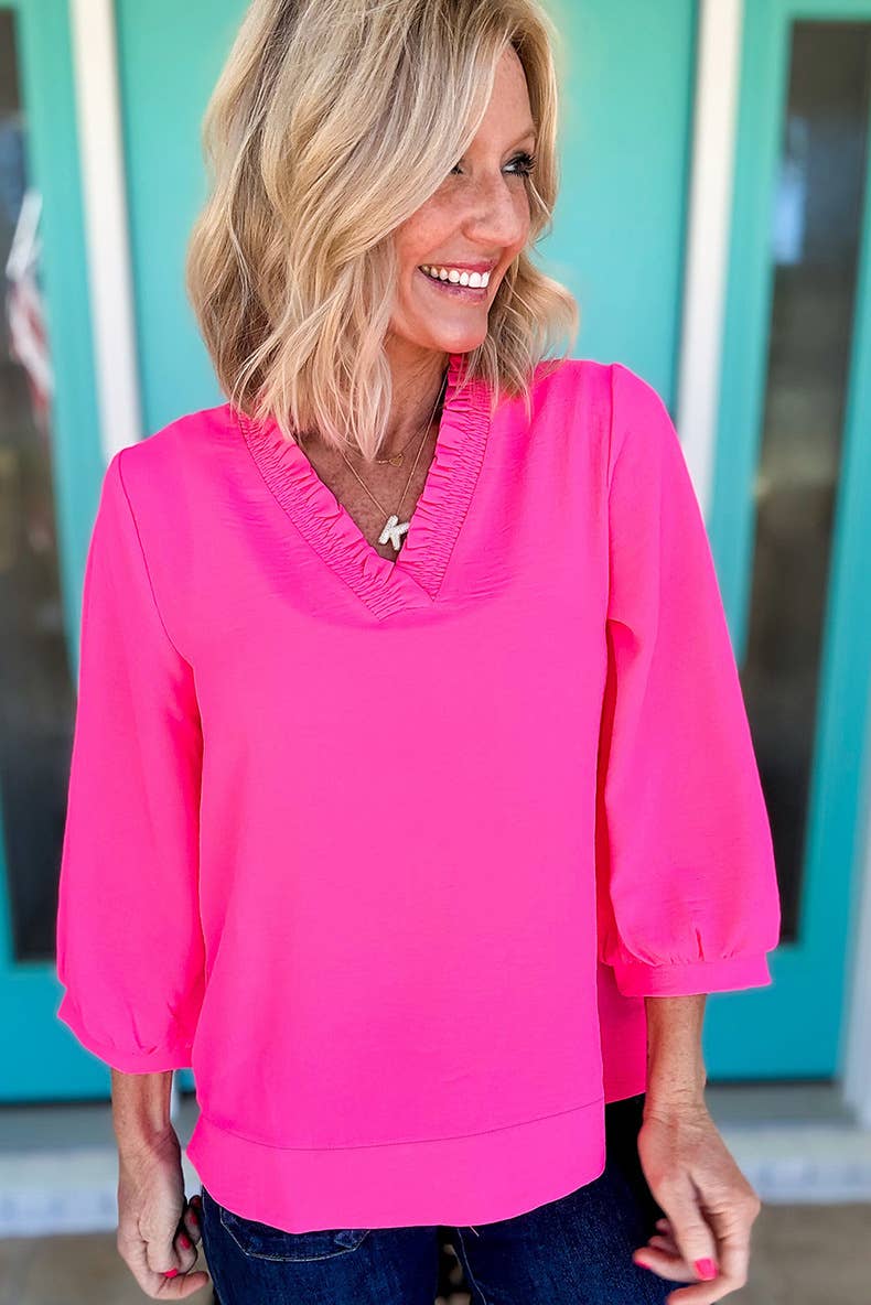 V-neck long-sleeved solid-color chiffon top