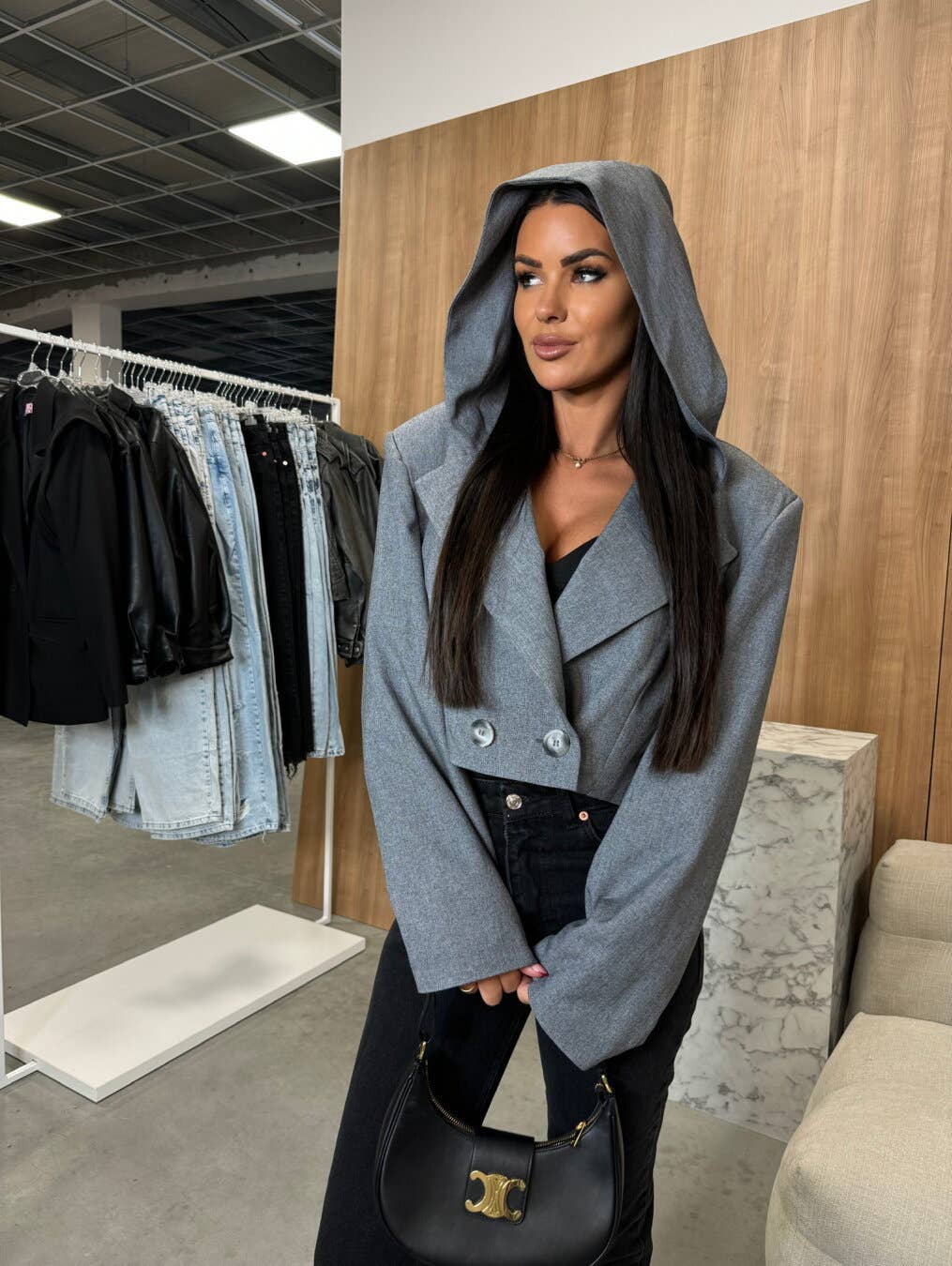 HOODED LONG SLEEVE SMALL SUIT SOLID COLOR COAT