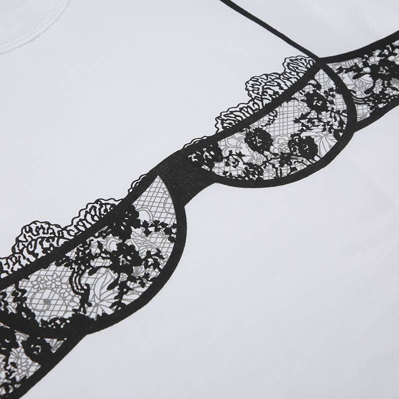 Lace underwear print base crew neck T-shirt