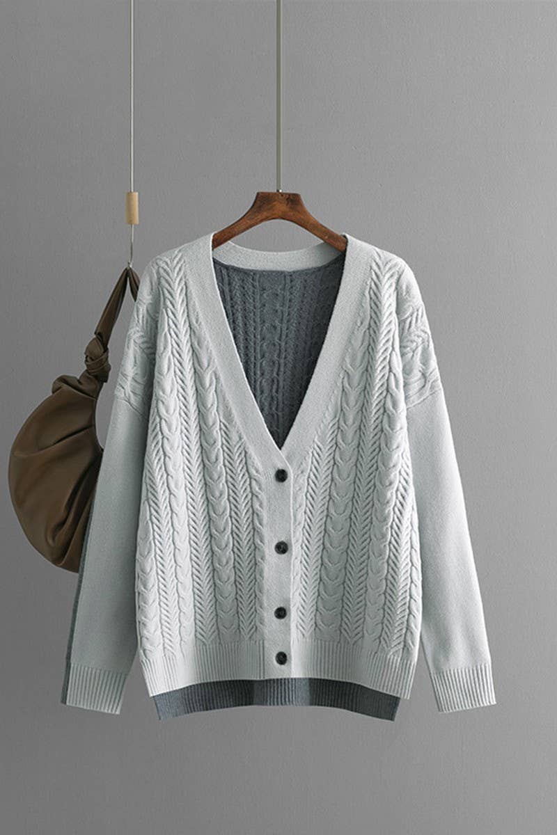 CWOCAL00678_LOOSE COLORBLOCK CABLE V NECK KNIT CARDIGAN