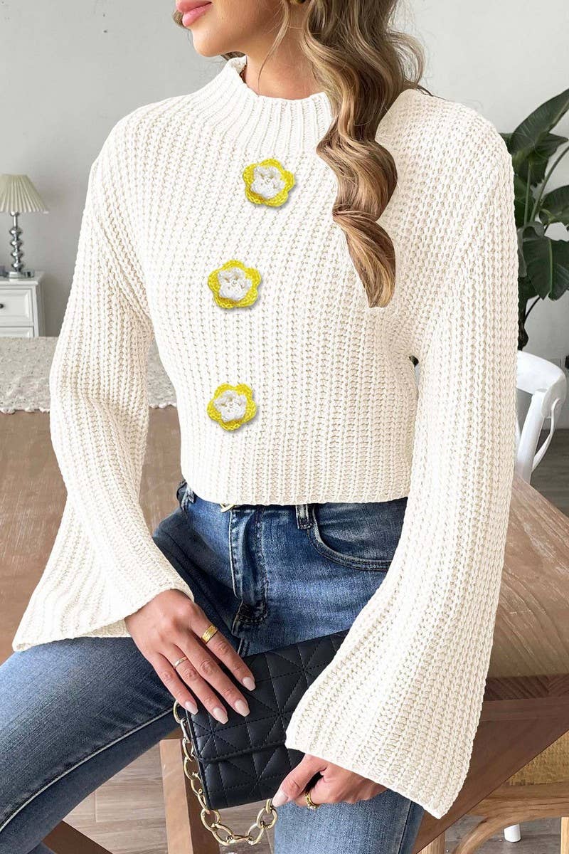 CWOSWL07408_WOMEN CROPPED KNIT SWEATER PEARL  FLARE SLEEVE