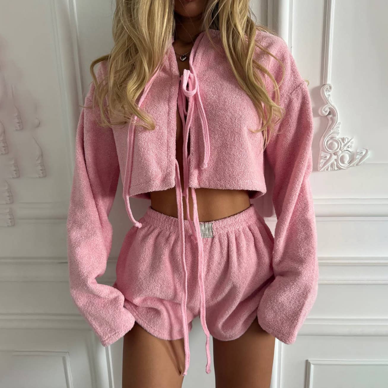Plush lace-up casual home crop top and shorts set