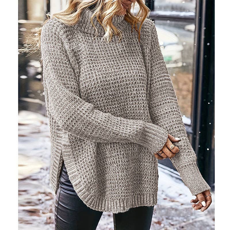 Fashion turtleneck split pullover long-sleeved knitwear