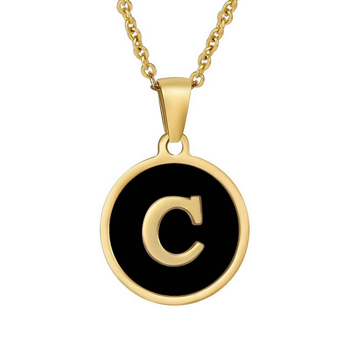 CWAJE1935_Round Stainless Steel Black Shell Letter Necklace