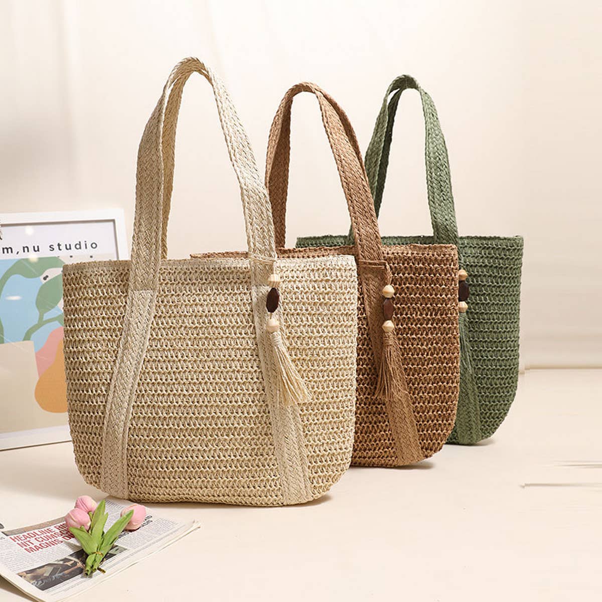 SOLID COLOR ONE SHOULDER BEACH STRAW BAG_CWAB1866