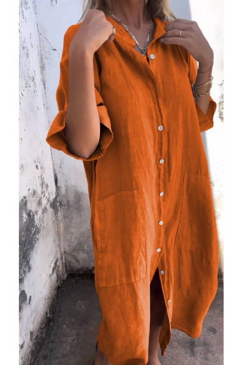 CWDMD01055_SUMMER LOOSE CASUAL MID-SLEEVE SHIRT DRESS