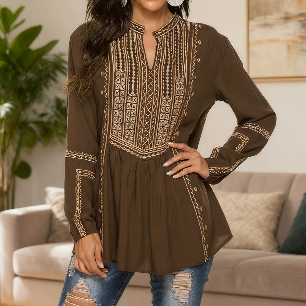 Ethnic style long-sleeved heart-neck top