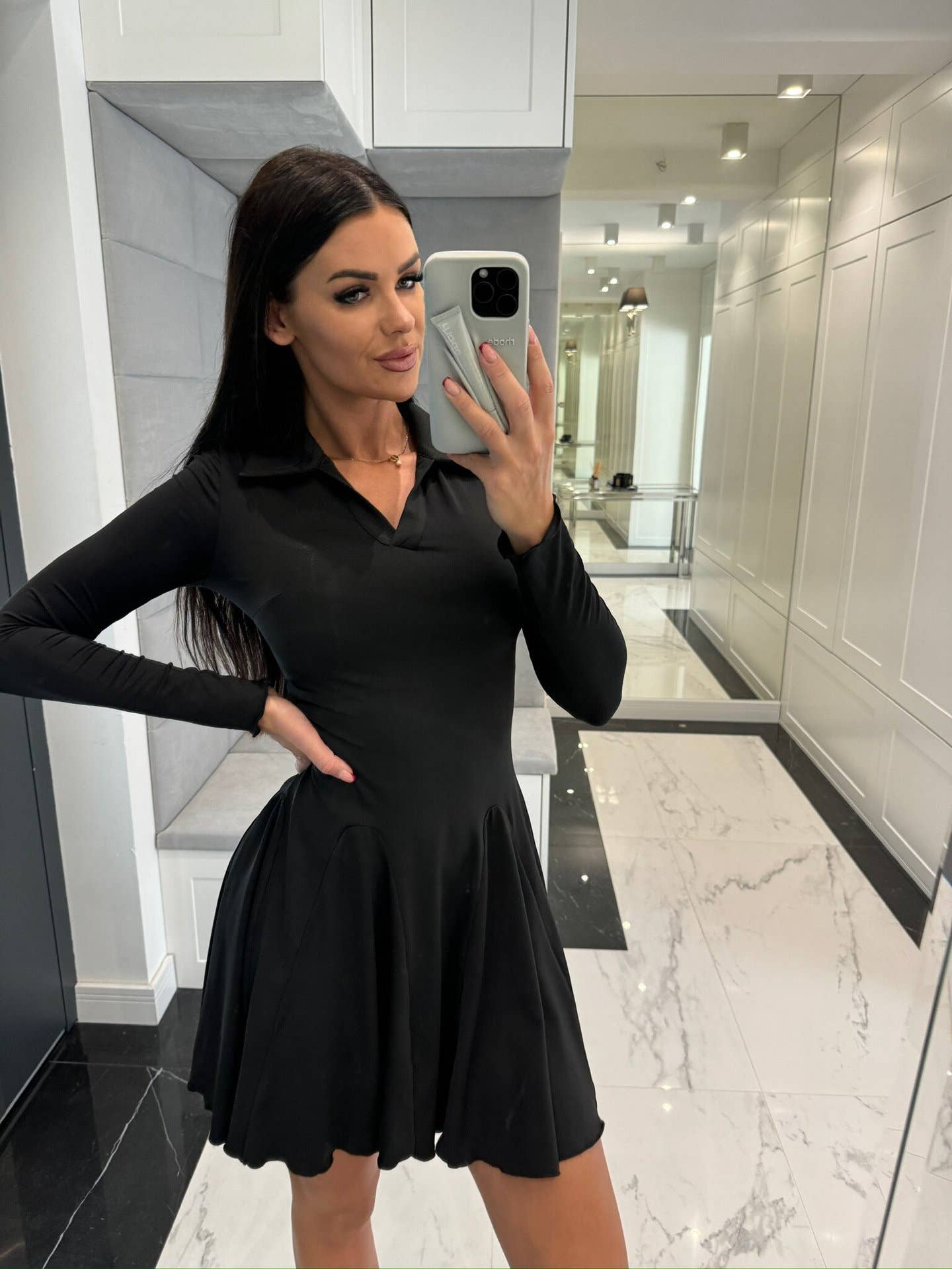 SOLID COLOR WAISTLINE LONG SLEEVE LAPEL DRESS