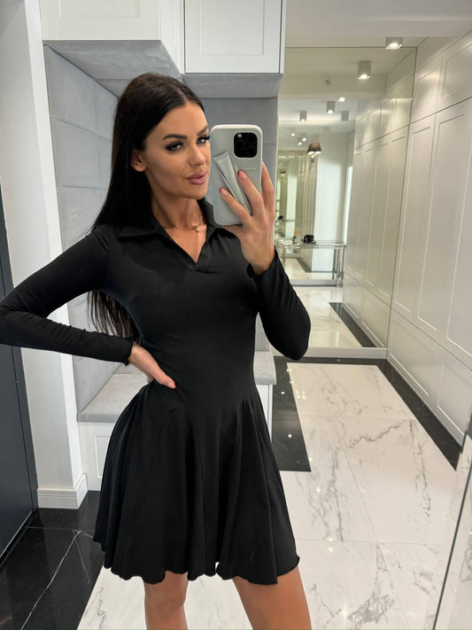 SOLID COLOR WAISTLINE LONG SLEEVE LAPEL DRESS