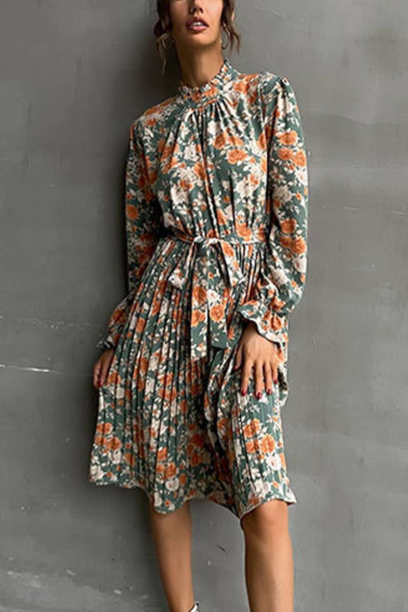 PRINTED LONG-SLEEVED HALF-TURTLENECK DRESS