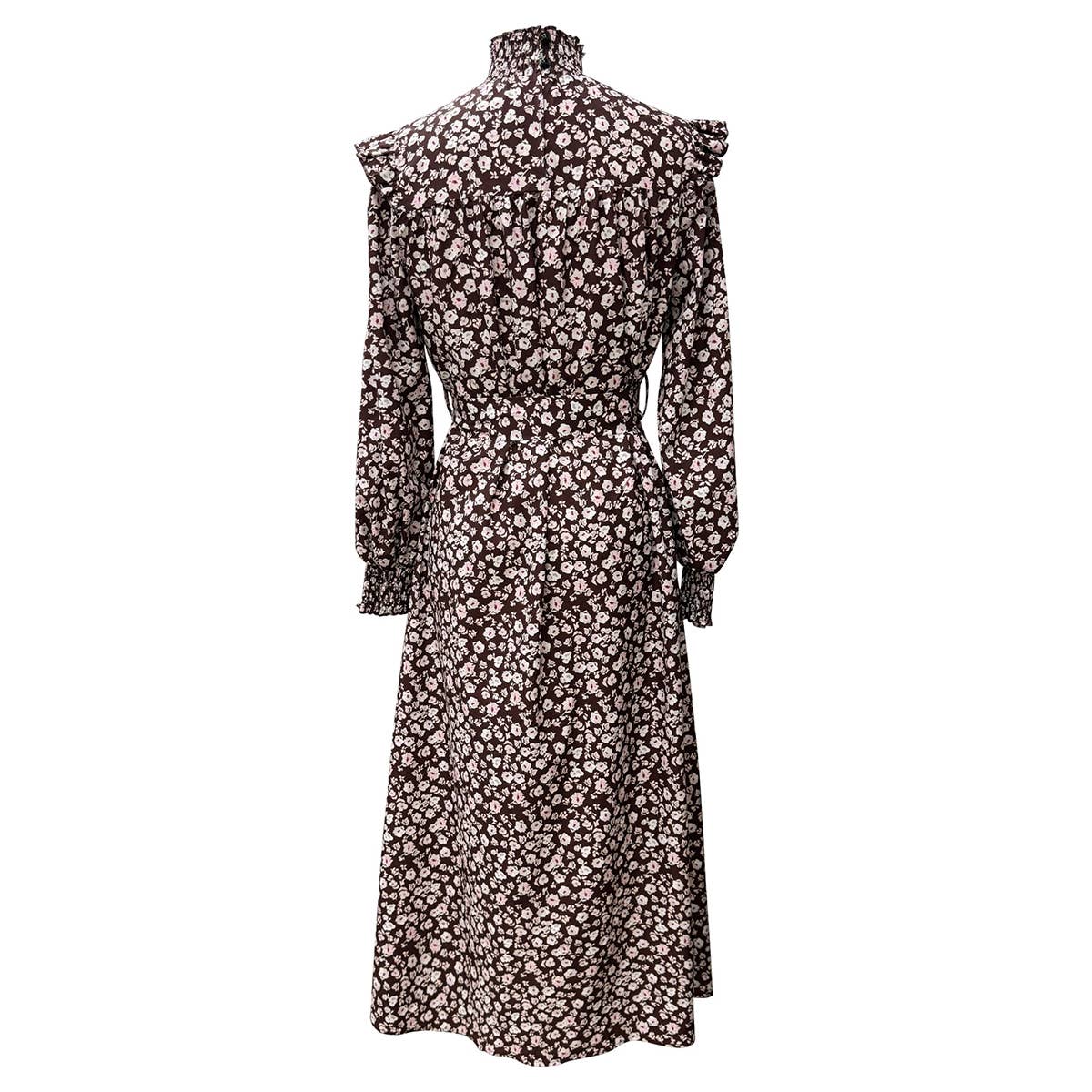 WOODEN EAR SLEEVES WITH BELT FLORAL PRINT DRESS