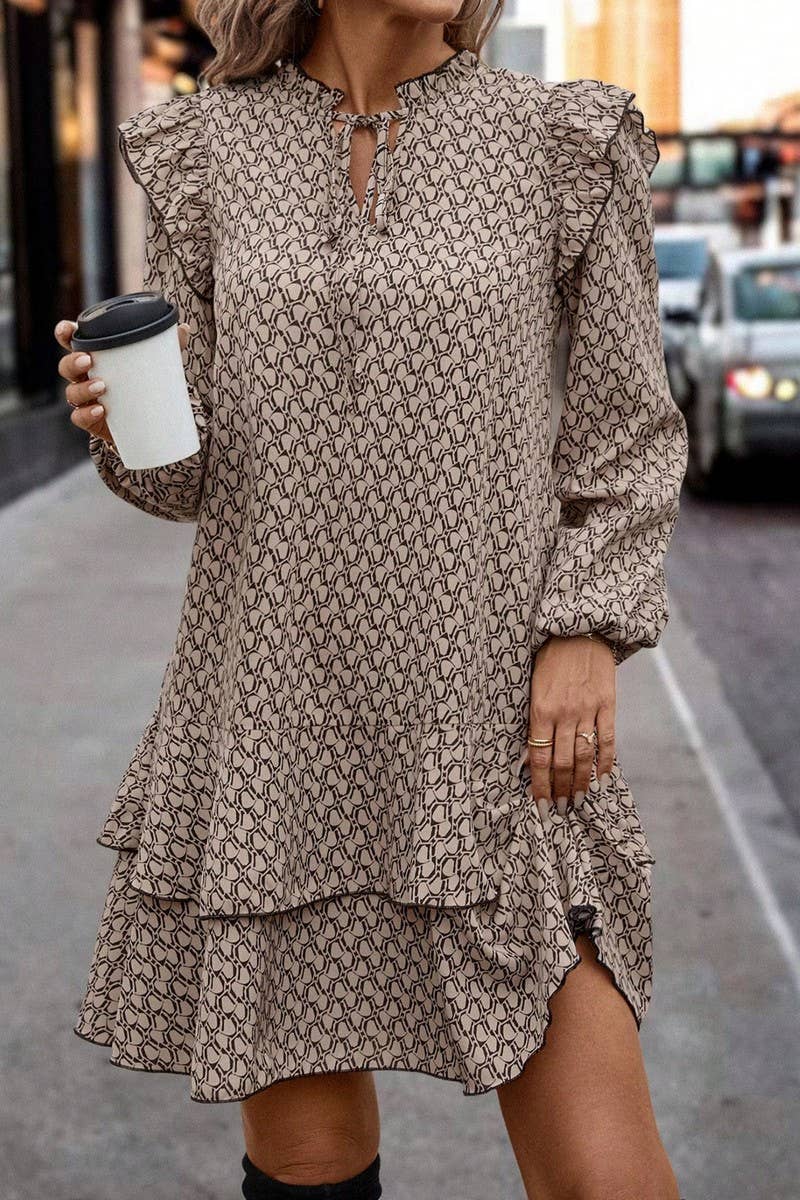 CWDSD8220_V-NECK TIE GEOMETRIC PRINT LONG SLEEVE DRESS