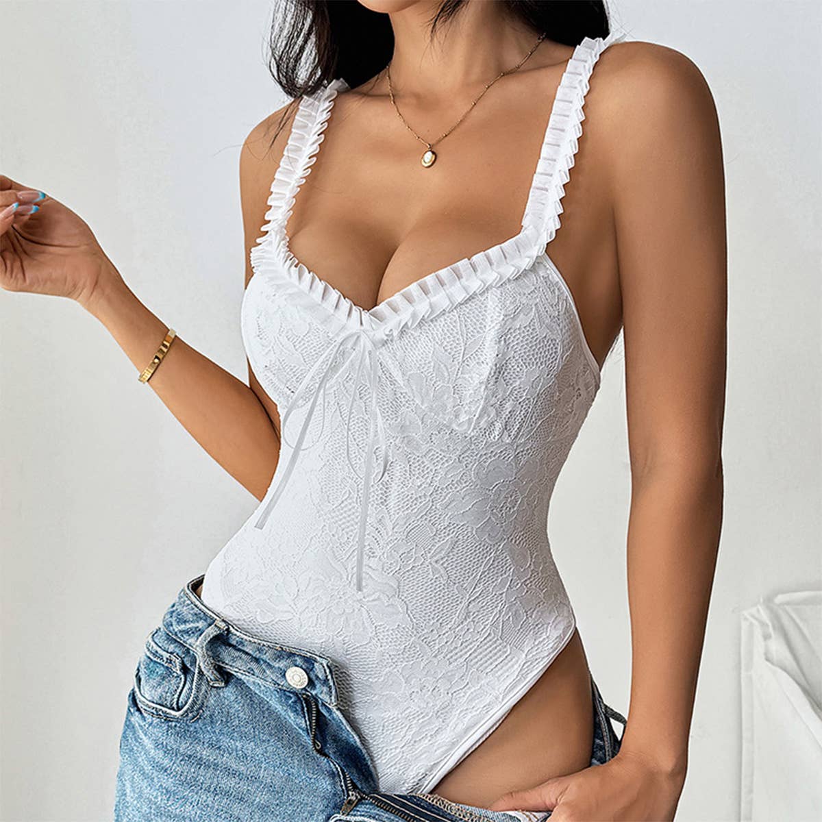 Solid lace trim fitted sleeveless bodysuit