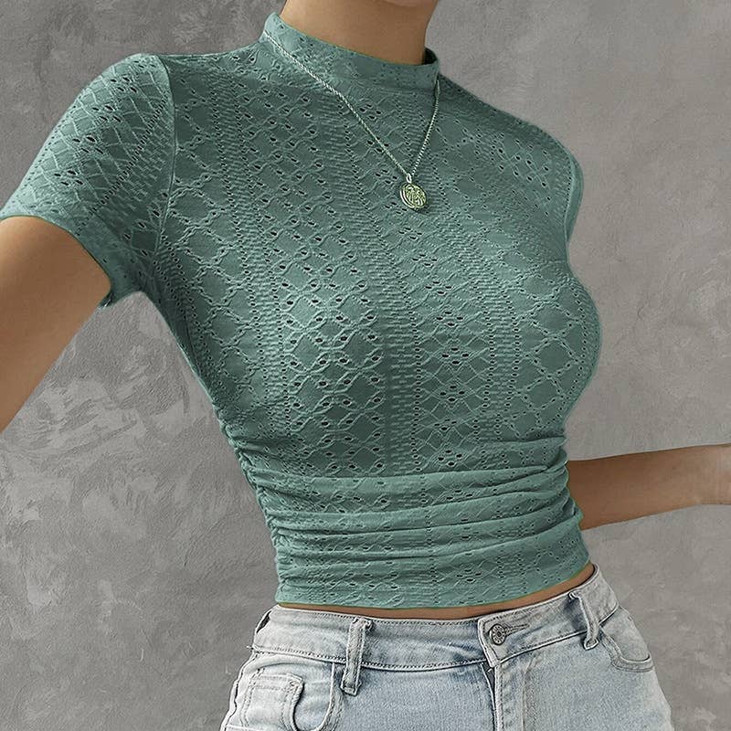 Thin hollow slim half-neck short-sleeved T-shirt