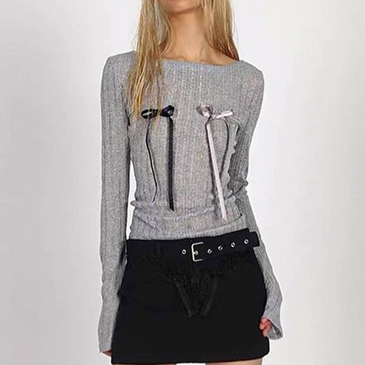 SOLID COLOR BOW ROUND NECK FASHION CASUAL TOP