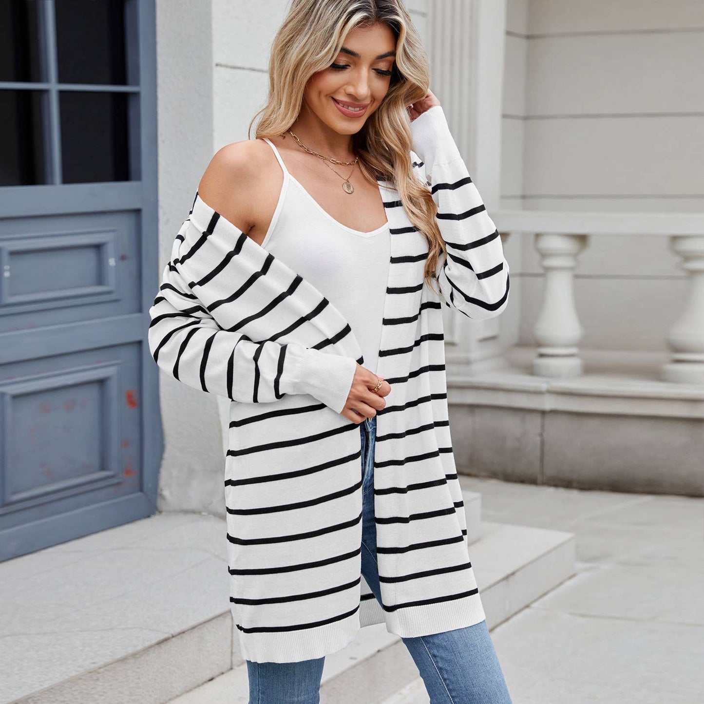 Long knitted striped cardigan without buttons