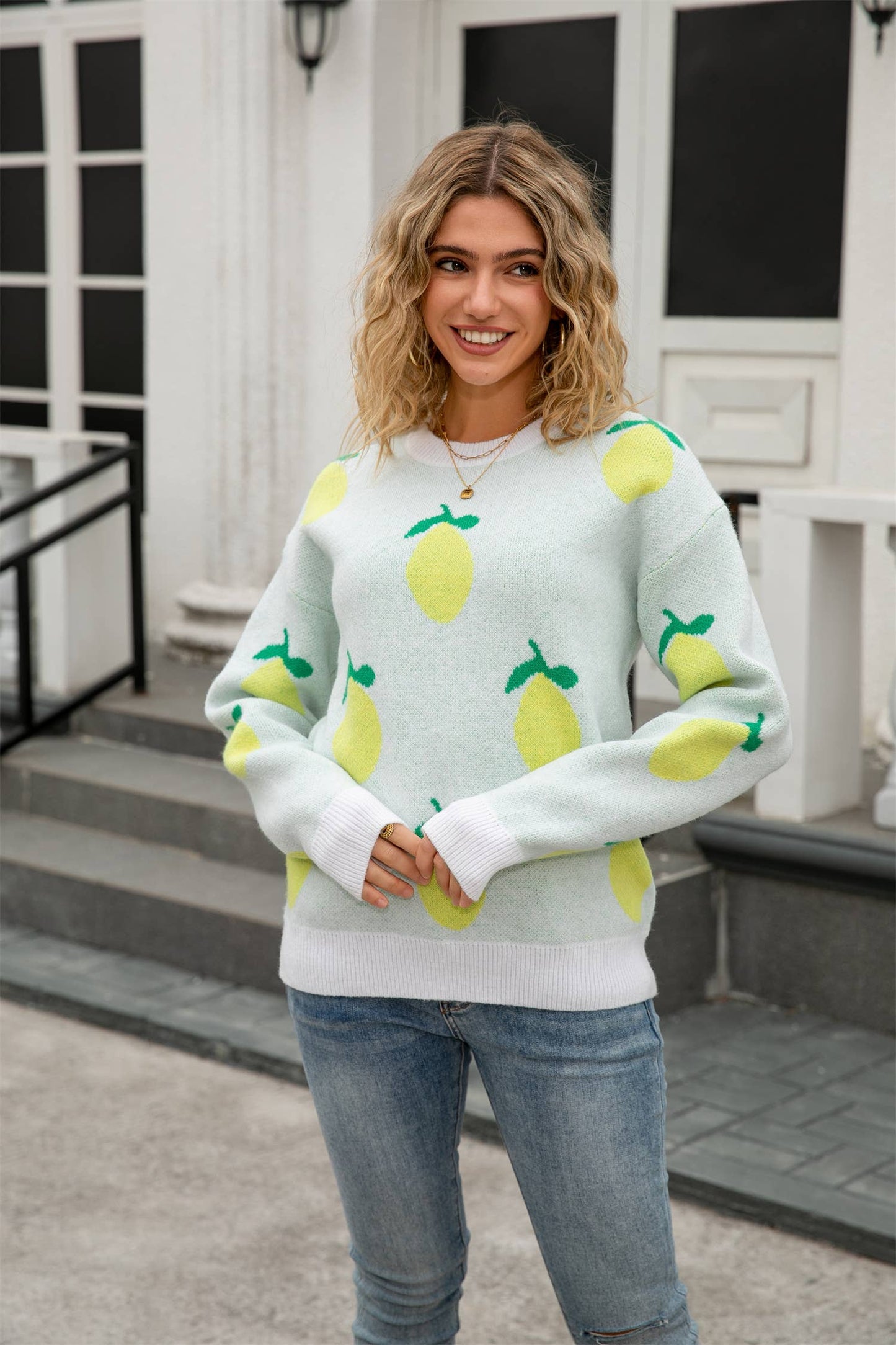 Lemon jacquard round-neck knitted sweater