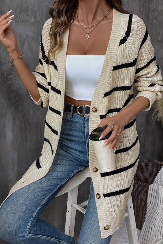 CWOCAL1137_STRIPED LOOSE MID-LENGTH KNITTED CARDIGAN SWEATER