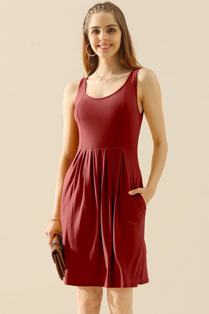 CWDSD10386_CASUAL SLEEVELESS PLEATED POCKETS DRESSES