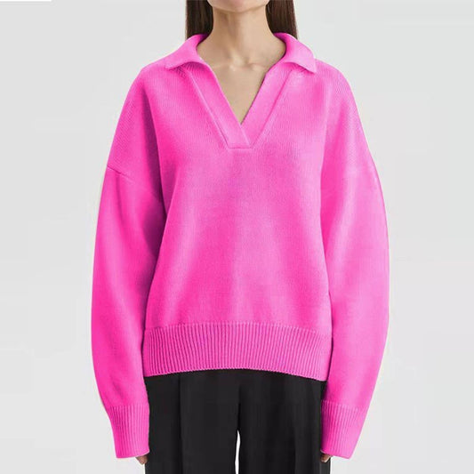 KNIT POLO COLLAR HIGH-GRADE SOLID COLOR SWEATER