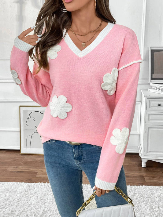 V-NECK THREE-DIMENSIONAL APPLIQUE SWEATER
